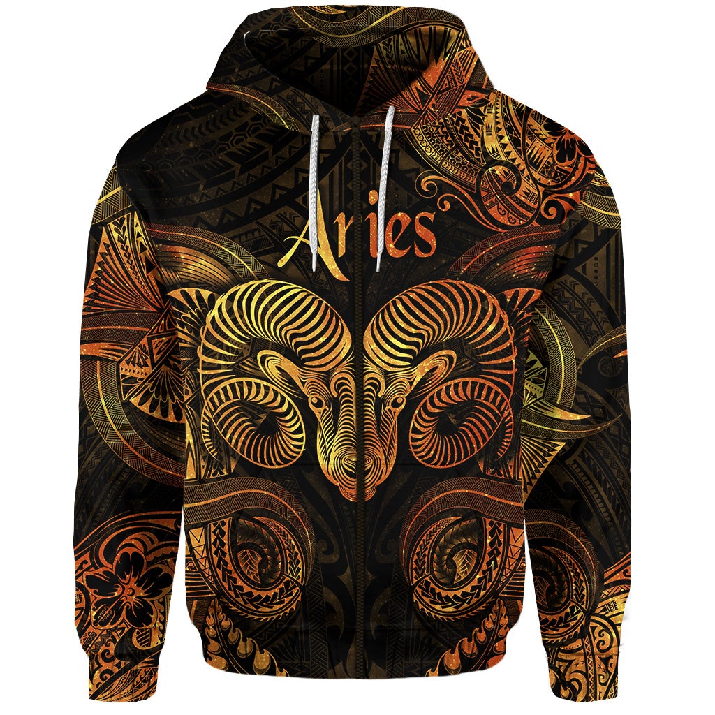 Custom Aries Zodiac Polynesian Zip Hoodie Unique Style Gold LT8 - Wonder Print Shop