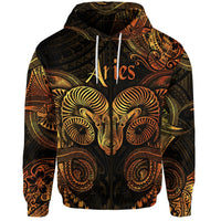 Gold Aries zodiac zip hoodie with tribal ram face and ornate Polynesian pattern