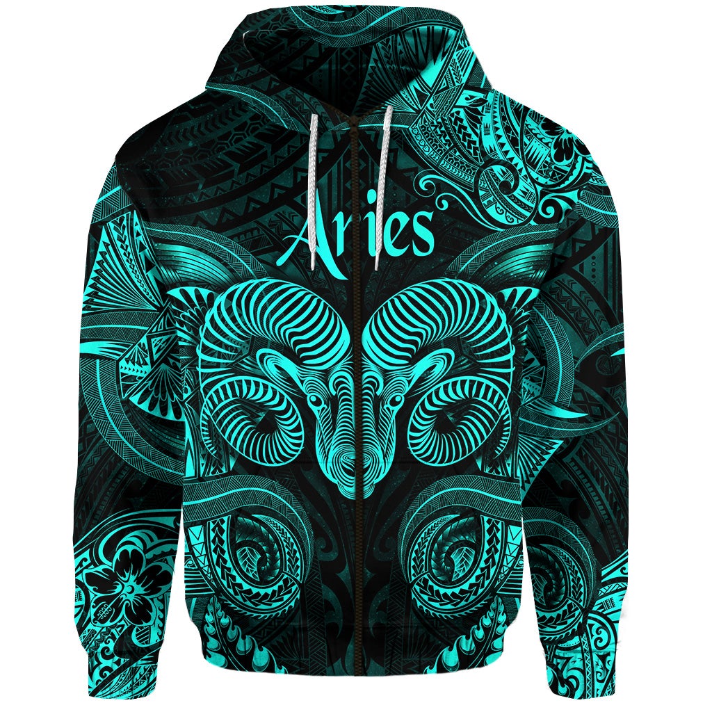 Aries Zodiac Polynesian Zip Hoodie Unique Style Turquoise LT8 - Wonder Print Shop