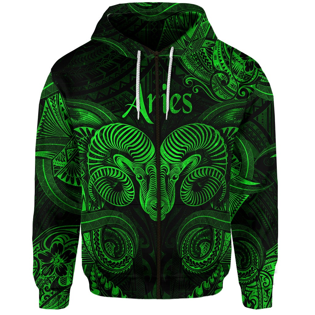 Aries Zodiac Polynesian Zip Hoodie Unique Style Green LT8 - Wonder Print Shop