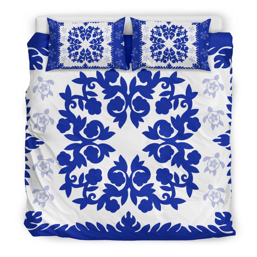 Hawaii Bedding Set - Hawaiian Quilt Plumeria Medallion Blue Bedding Set - AH - Wonder Print Shop