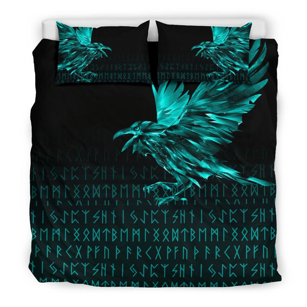 Viking Bedding Set The Raven Of Odin Rune Cyan RLT12 - Wonder Print Shop
