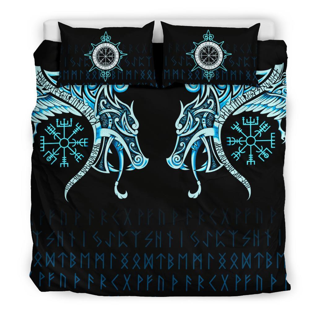 Viking Bedding Set, Fenrir Raven and Vegvisir Tattoo Cyan RLT12 - Wonder Print Shop