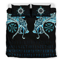 Viking Bedding Set, Fenrir Raven and Vegvisir Tattoo Cyan RLT12 - Wonder Print Shop