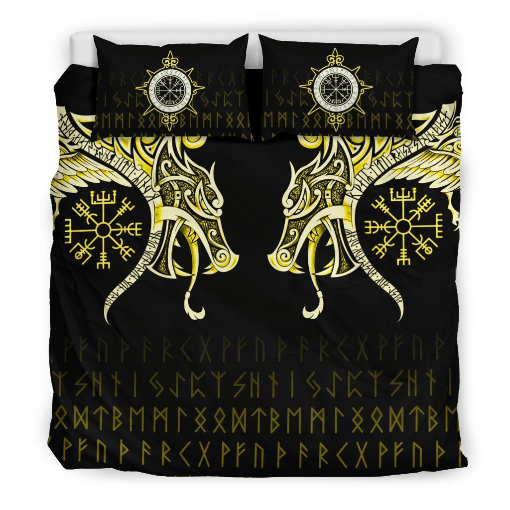 Viking Bedding Set, Fenrir Raven and Vegvisir Tattoo Yellow RLT12 - Wonder Print Shop