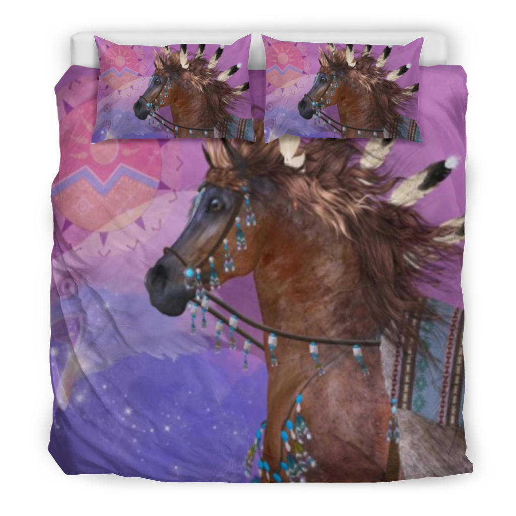 Native horse bedding set, purple-pink multicolor print with horse portrait and two pillows