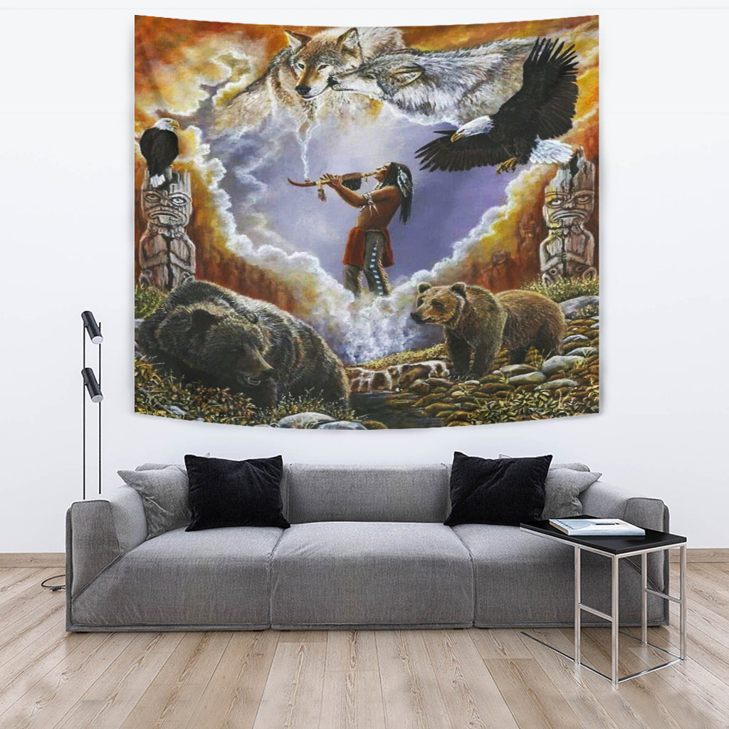 Native American tapestry with carved totem figures, bear, and flying eagle