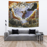 Native American tapestry with carved totem figures, bear, and flying eagle