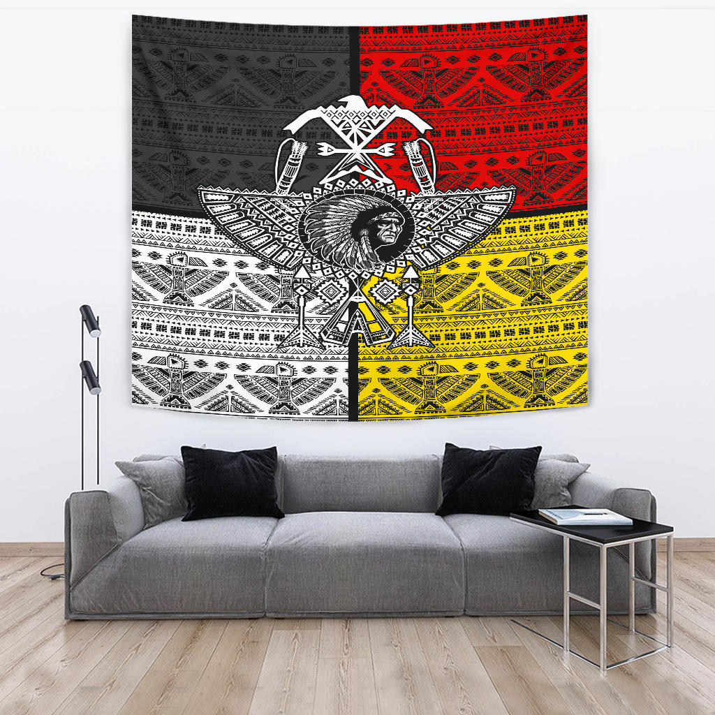 Chief-themed tapestry with geometric bands, feathered headdress, and multicolor arrow accents