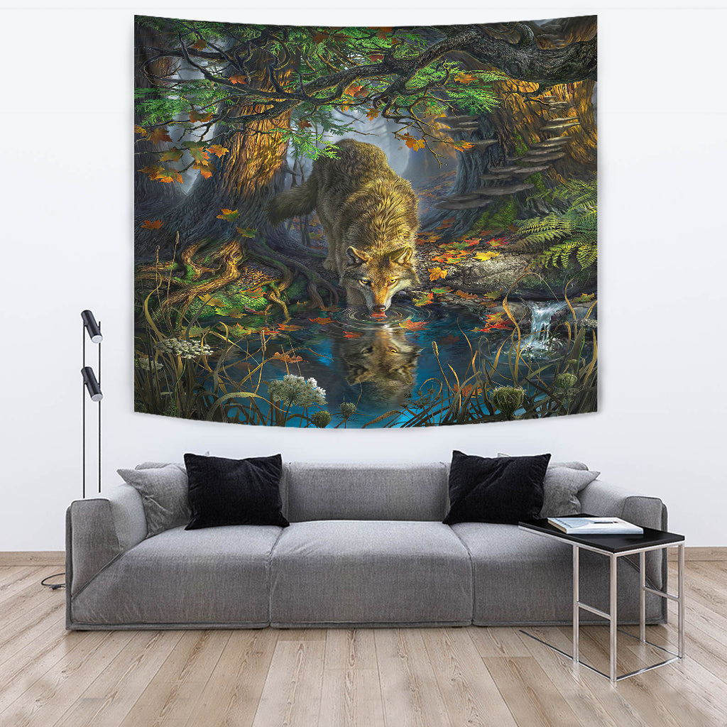 Wolf By The River Native American Tapestry LT10 - Wonder Print Shop