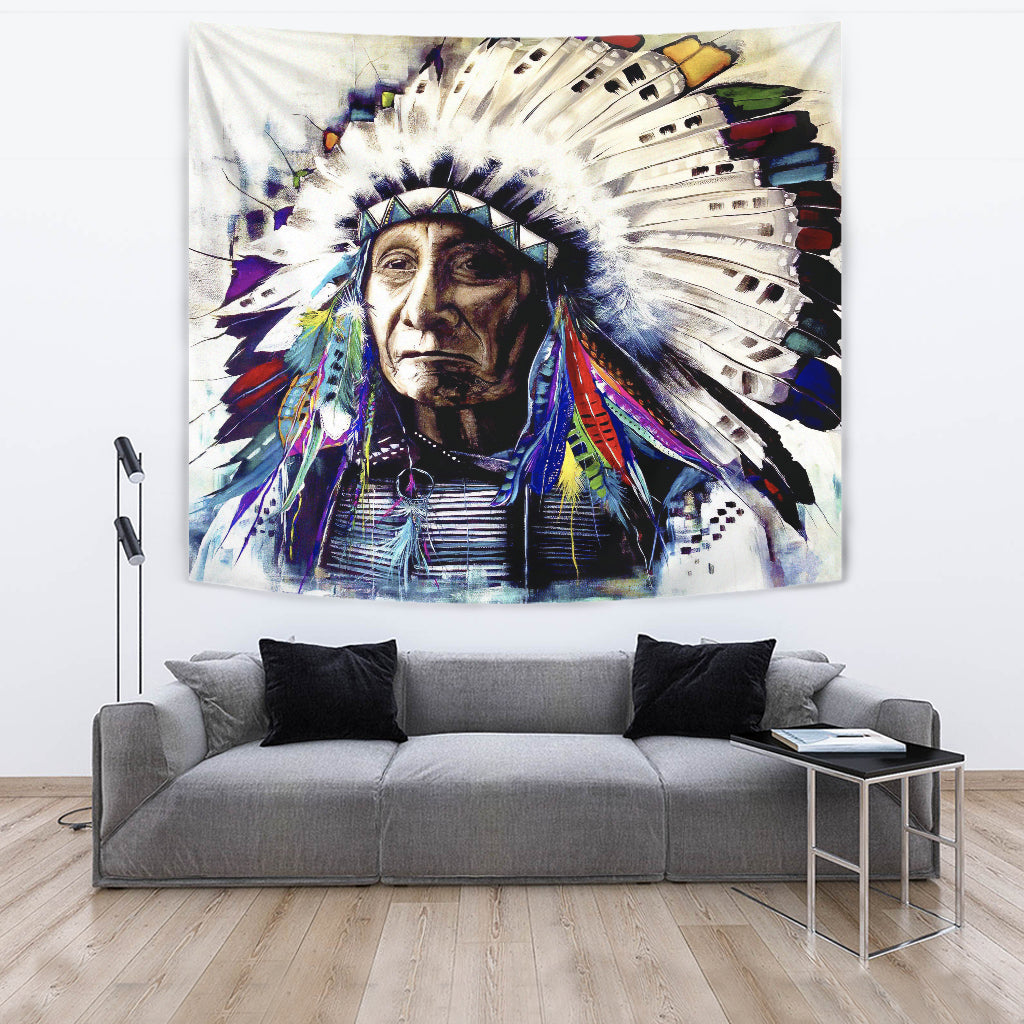 Chief tapestry close-up portrait with multicolor feather headdress and decorative accents
