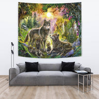 Native American Wolf Happiness Family In The Spring Forest Tapestry LT10 - Wonder Print Shop