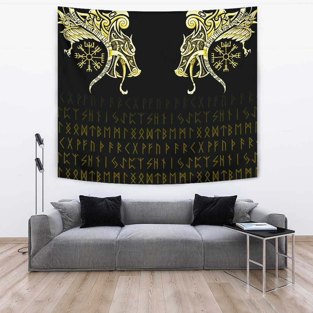 Viking Tapestry, Fenrir Raven and Vegvisir Tattoo Yellow RLT12 - Wonder Print Shop