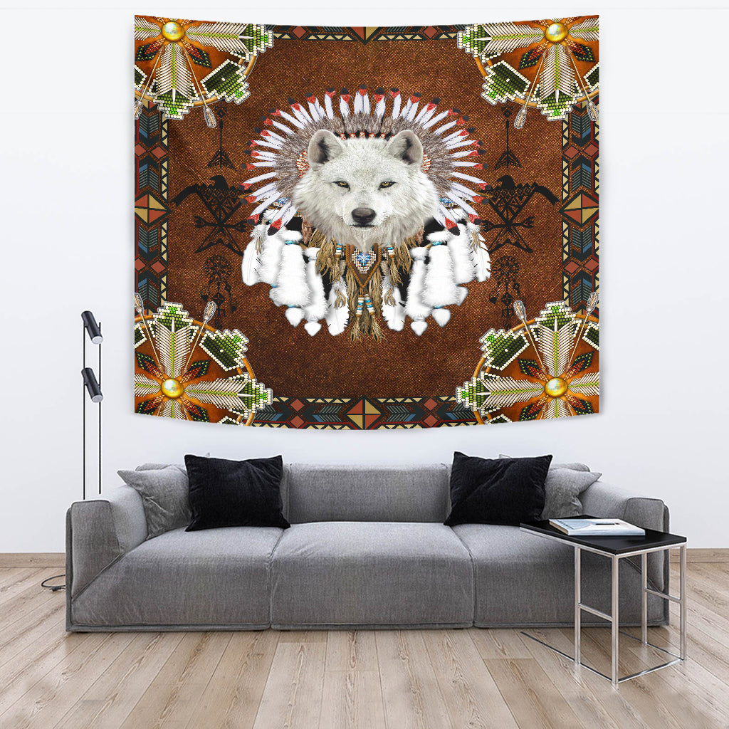 Native American White Wolf With Headress Feathers Tapestry LT10 - Wonder Print Shop