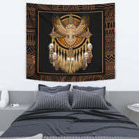 Wall tapestry showing a golden owl dreamcatcher with beadwork and multi-feather fringe