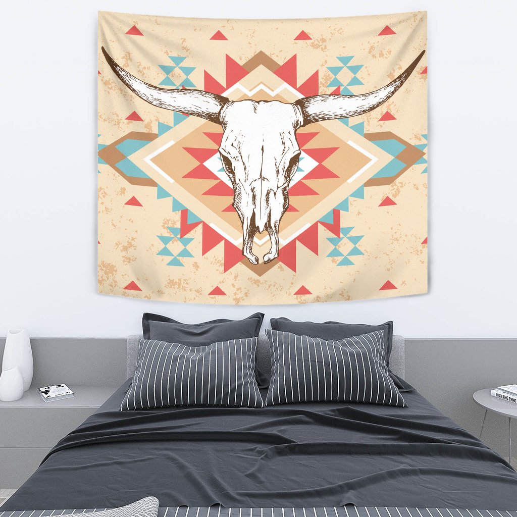 Cream tapestry with bison skull and long horns, red/teal tribal-style geometric blocks