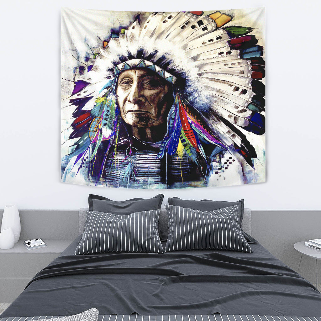 Multicolor chief tapestry with feather plume headdress and patterned clothing