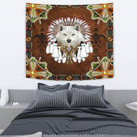 Native American White Wolf With Headress Feathers Tapestry LT10 - Wonder Print Shop