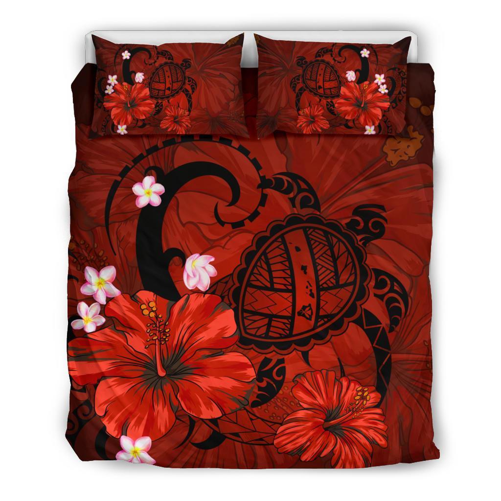 Hawaiian Map Big Turtle Hibiscus Plumeria Tribal Polynesian Bedding Set - Red - Wonder Print Shop