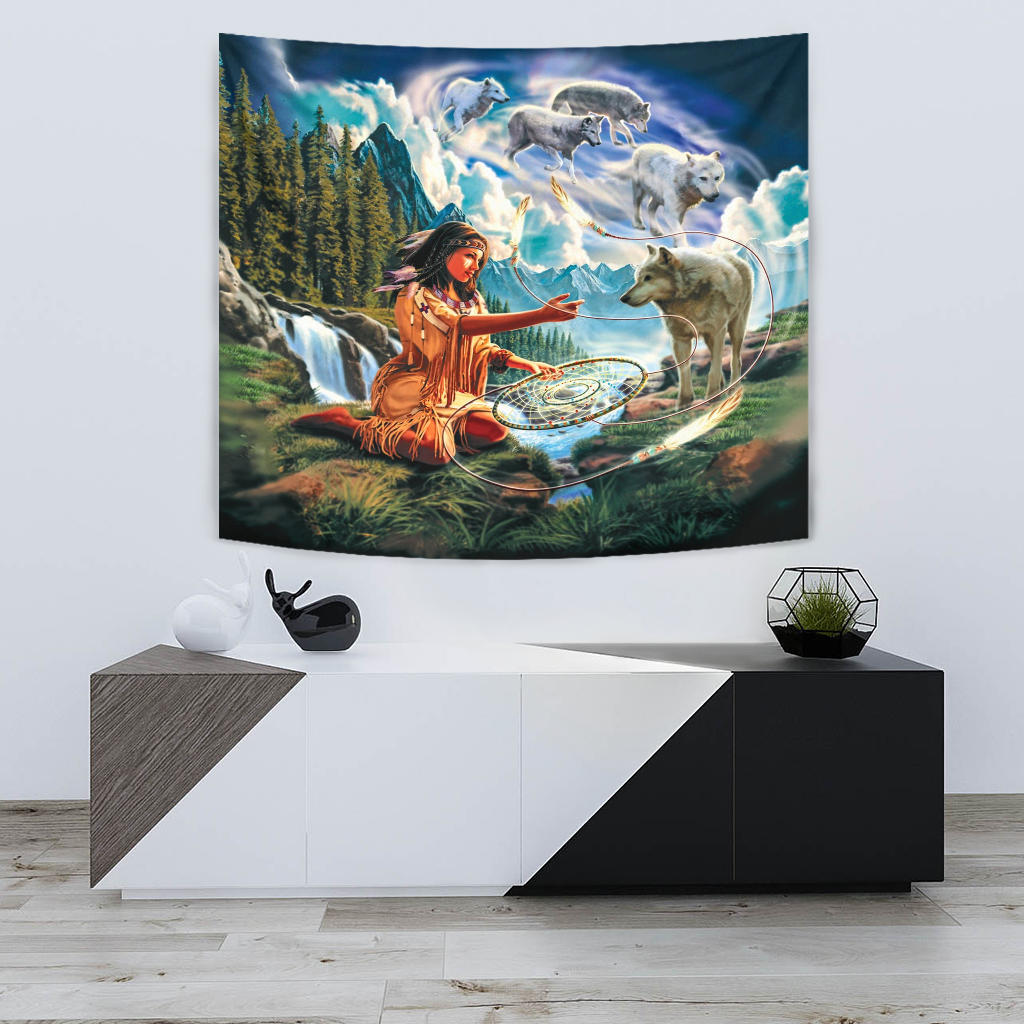Wolves and Native Women Native American Tapestry LT10 - Wonder Print Shop