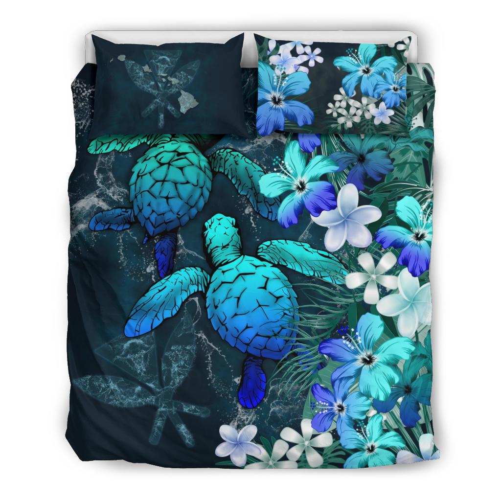 Kanaka Maoli (Hawaiian) Bedding set - Sea Turtle Tropical Hibiscus and Plumeria Blue - Wonder Print Shop