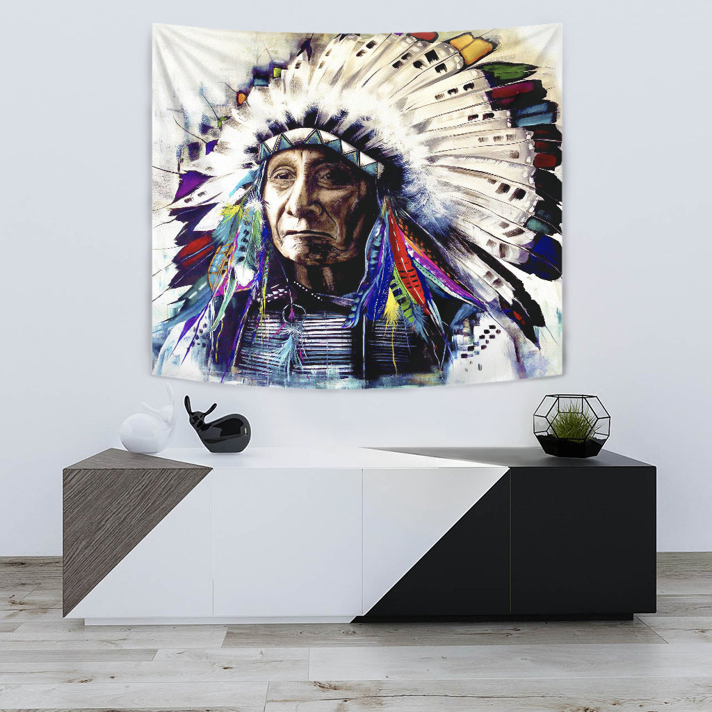 Native chief tapestry featuring multicolor headdress and face portrait, high-contrast print