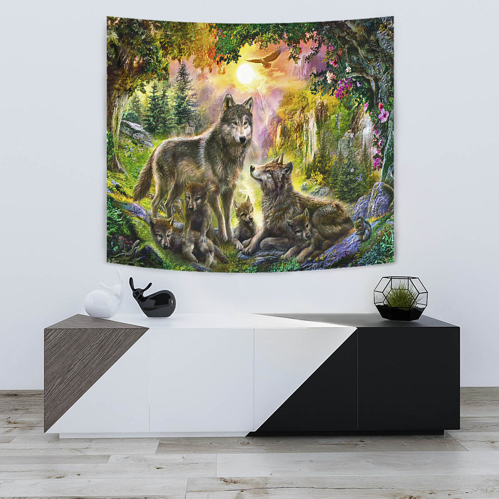 Native American Wolf Happiness Family In The Spring Forest Tapestry LT10 - Wonder Print Shop