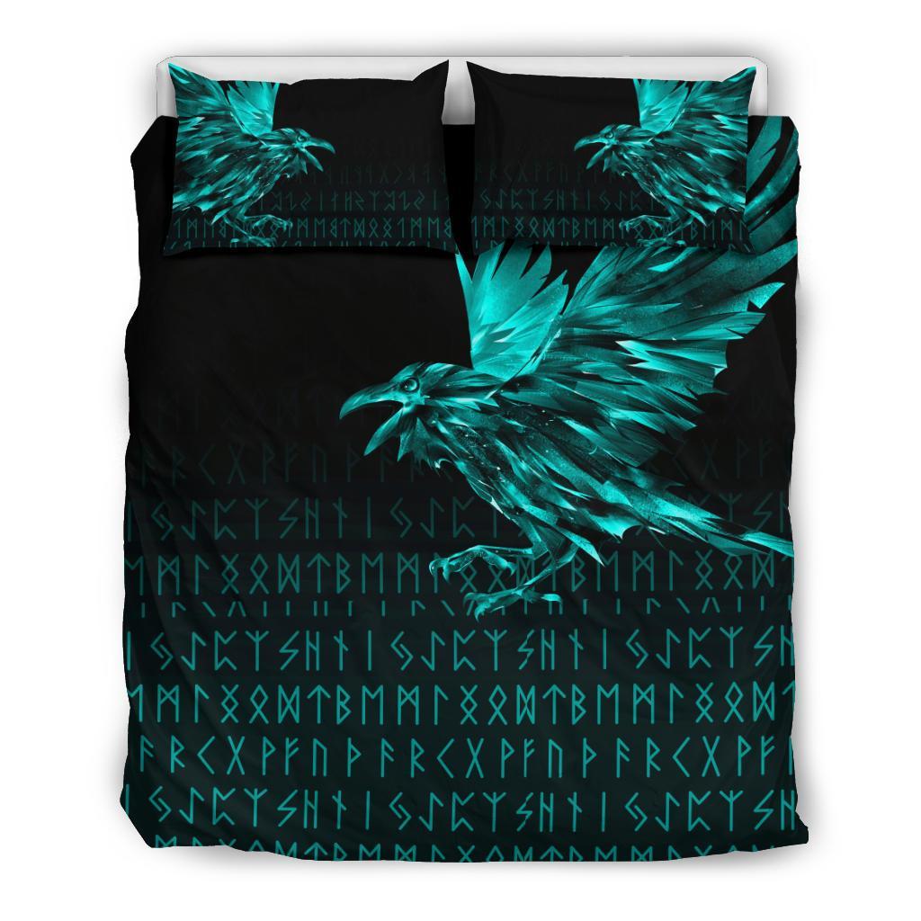 Viking Bedding Set The Raven Of Odin Rune Cyan RLT12 - Wonder Print Shop
