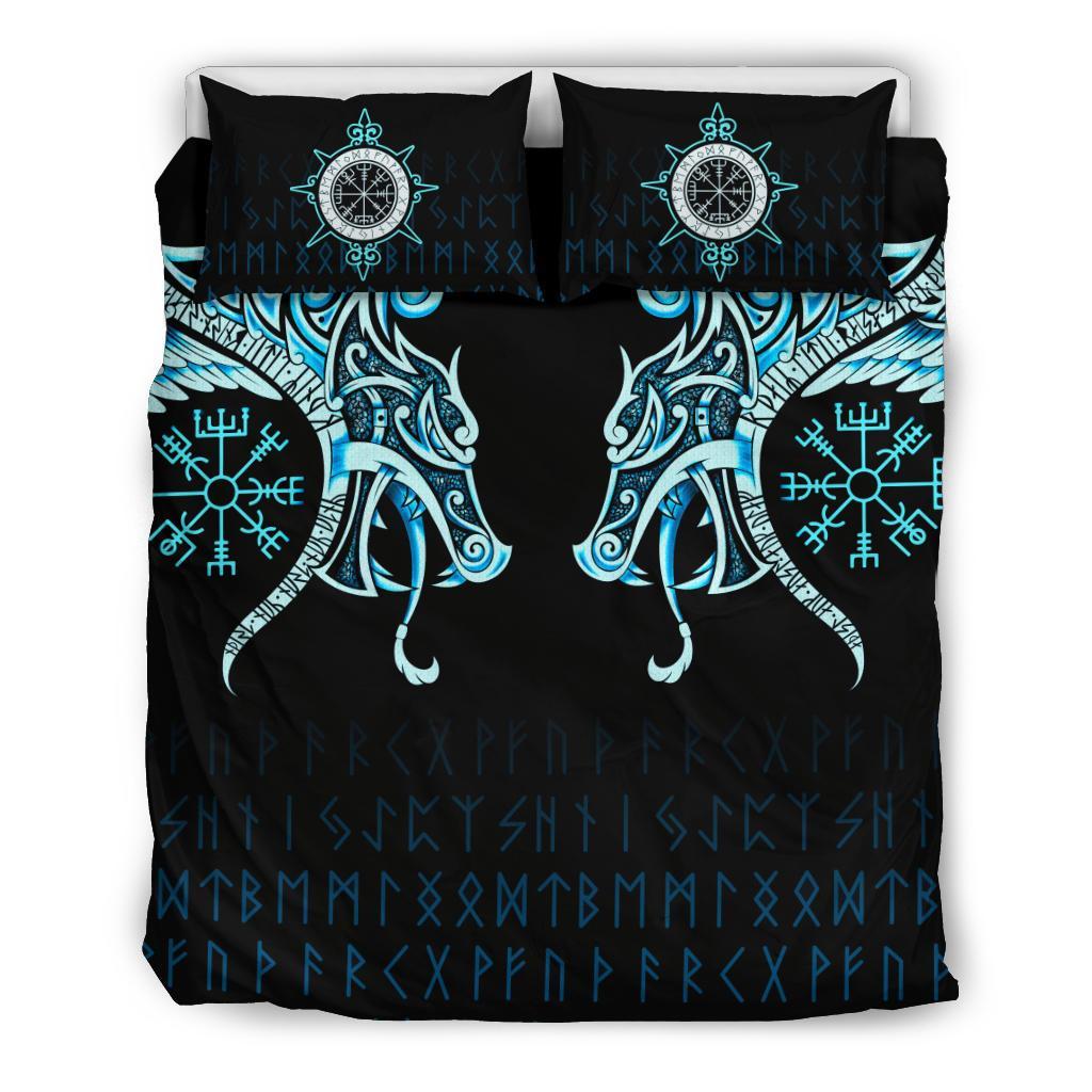 Viking Bedding Set, Fenrir Raven and Vegvisir Tattoo Cyan RLT12 - Wonder Print Shop