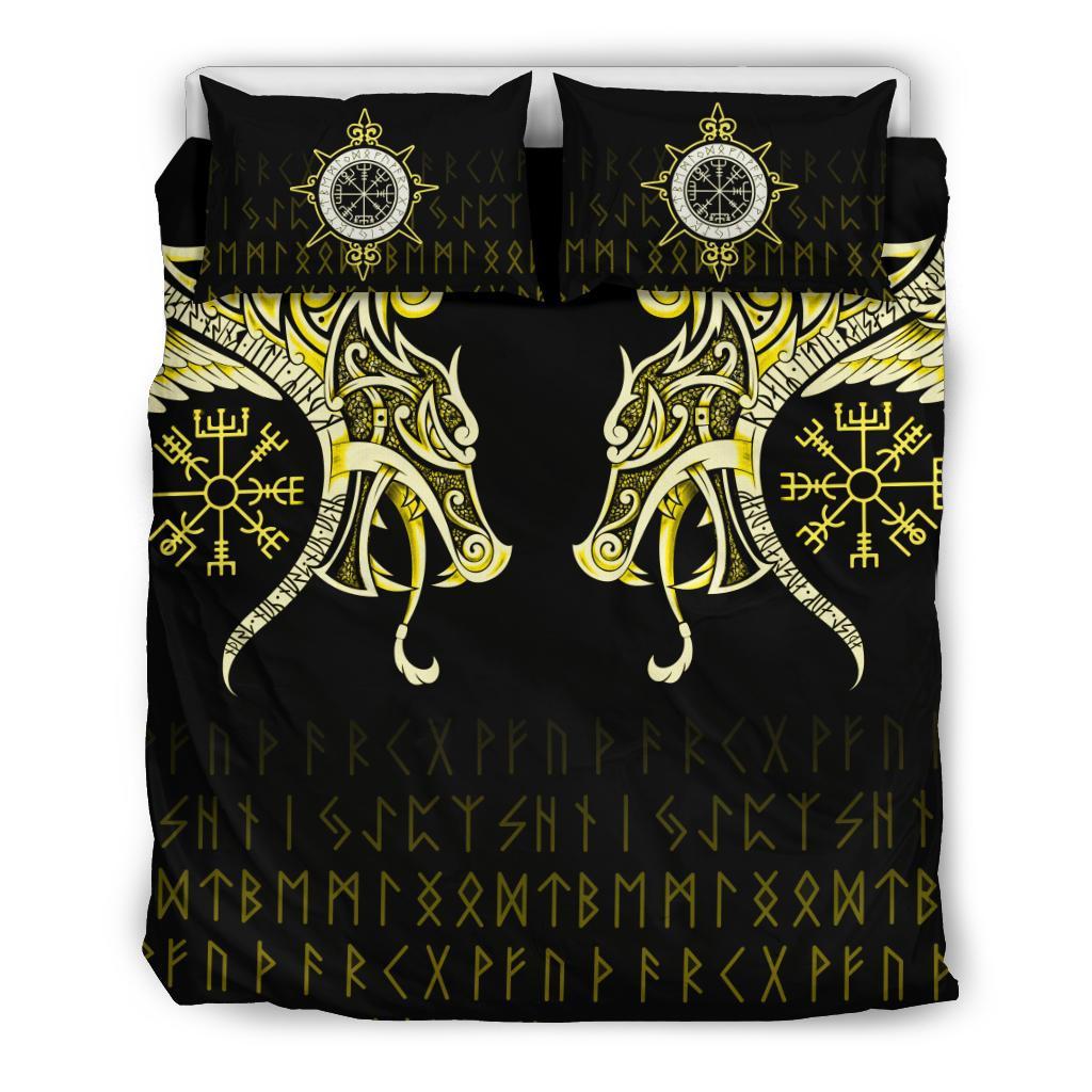 Viking Bedding Set, Fenrir Raven and Vegvisir Tattoo Yellow RLT12 - Wonder Print Shop