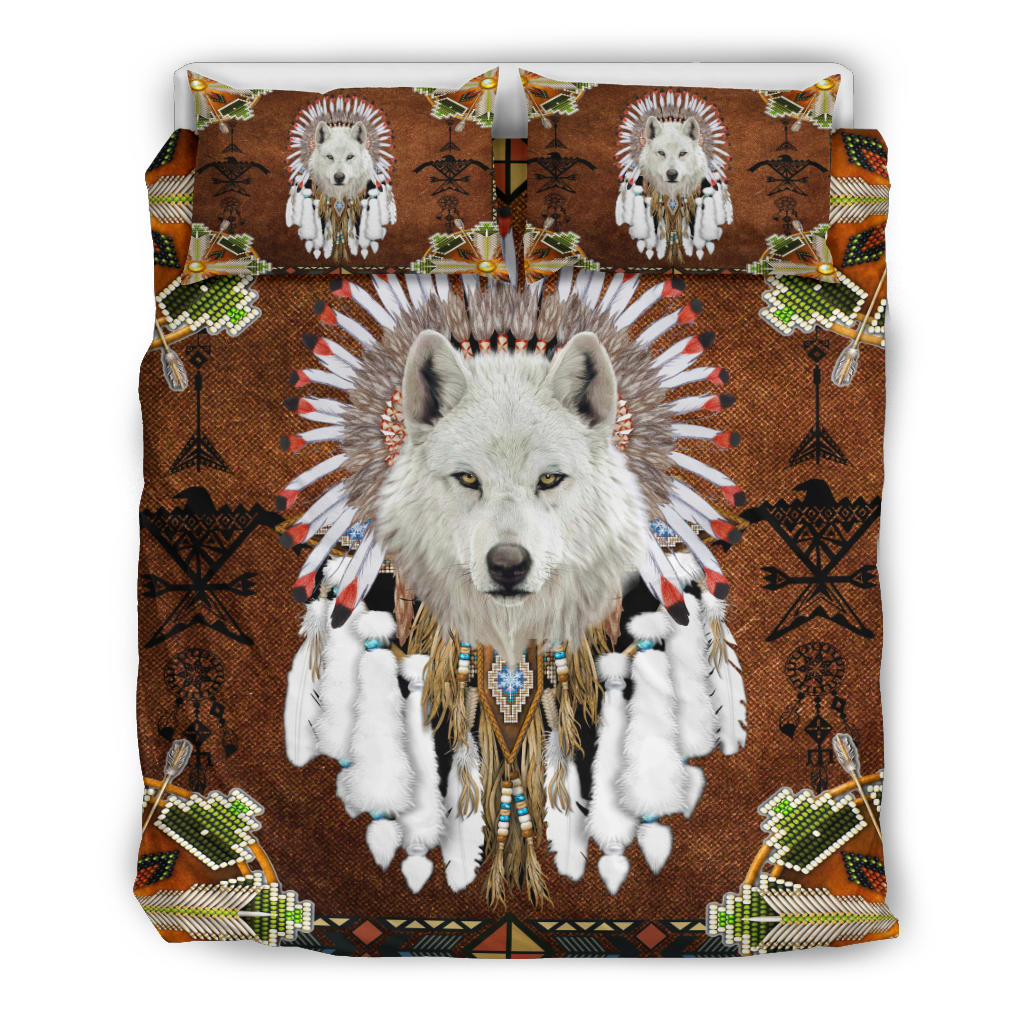 Native American White Wolf With Headress Feathers Bedding Set LT10 - Wonder Print Shop