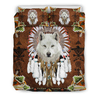 Native American White Wolf With Headress Feathers Bedding Set LT10 - Wonder Print Shop