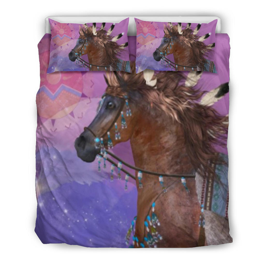 Purple-pink Native horse bedding set, multicolor duvet with bridle horse and two pillows