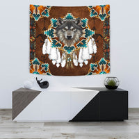 Teal and orange geometric feather tapestry with centered gray wolf and hanging tassels