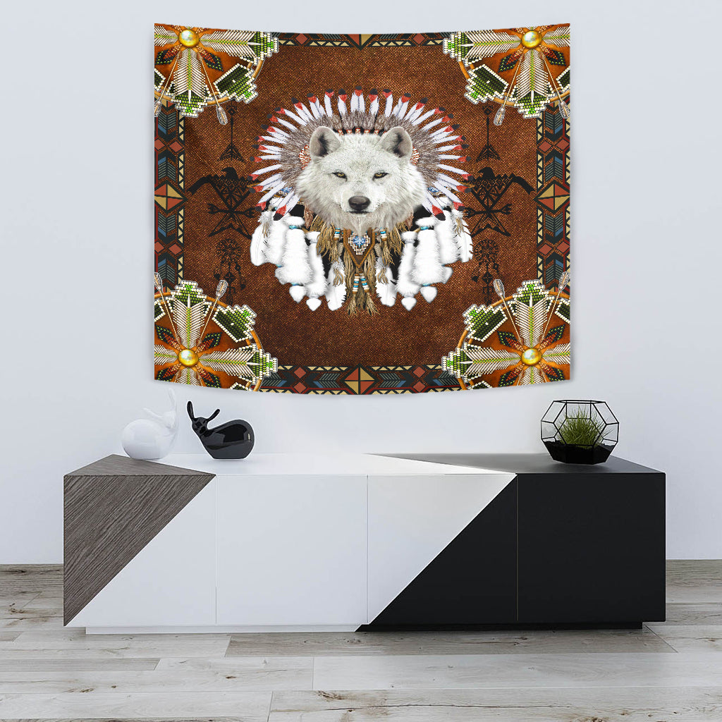 Native American White Wolf With Headress Feathers Tapestry LT10 - Wonder Print Shop
