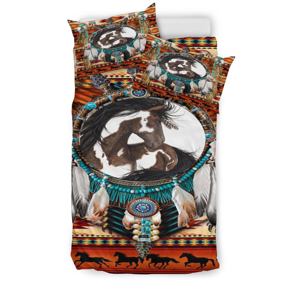 White and Brown Horse Dreamcatcher Native American Bedding Set LT10 - Wonder Print Shop