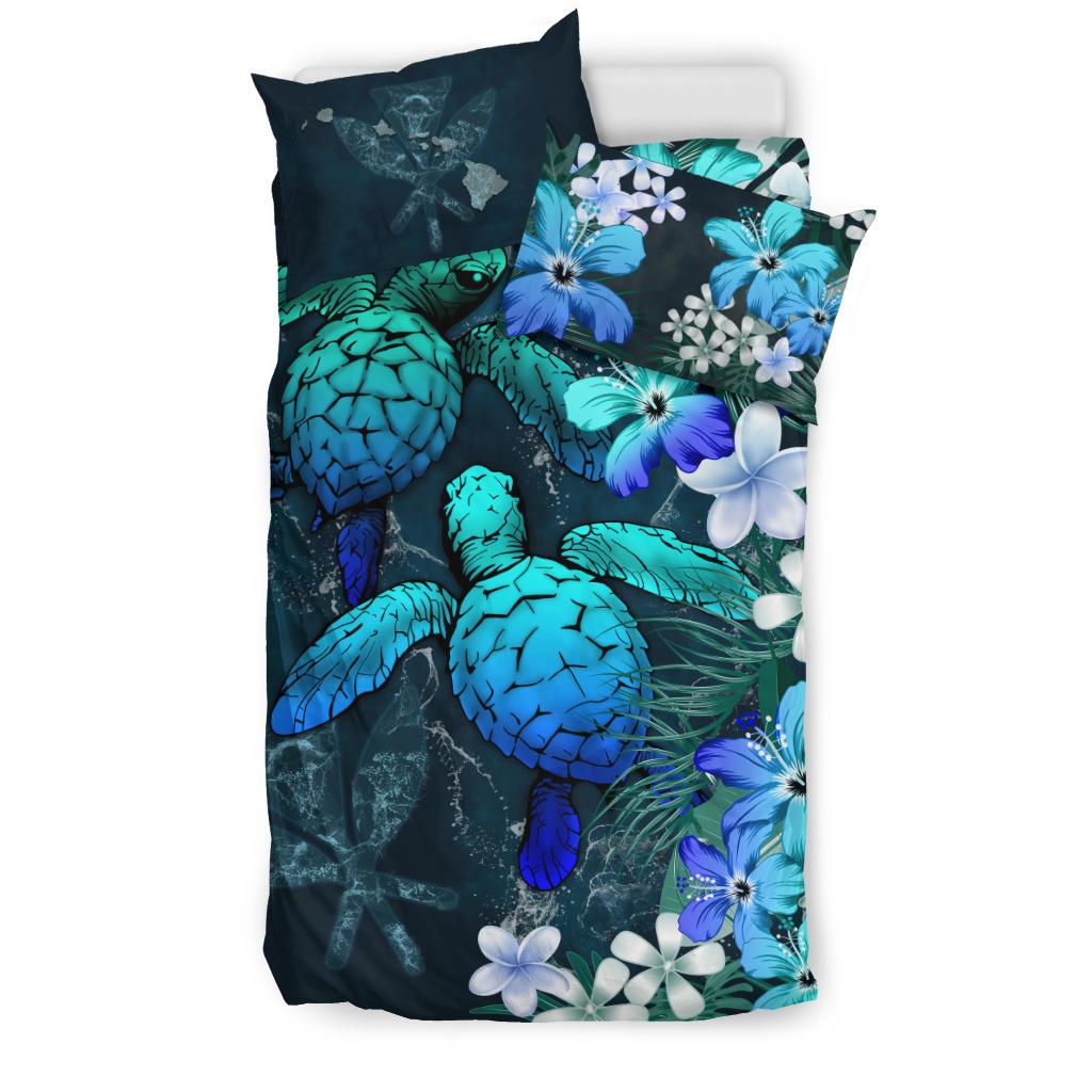 Kanaka Maoli (Hawaiian) Bedding set - Sea Turtle Tropical Hibiscus and Plumeria Blue - Wonder Print Shop