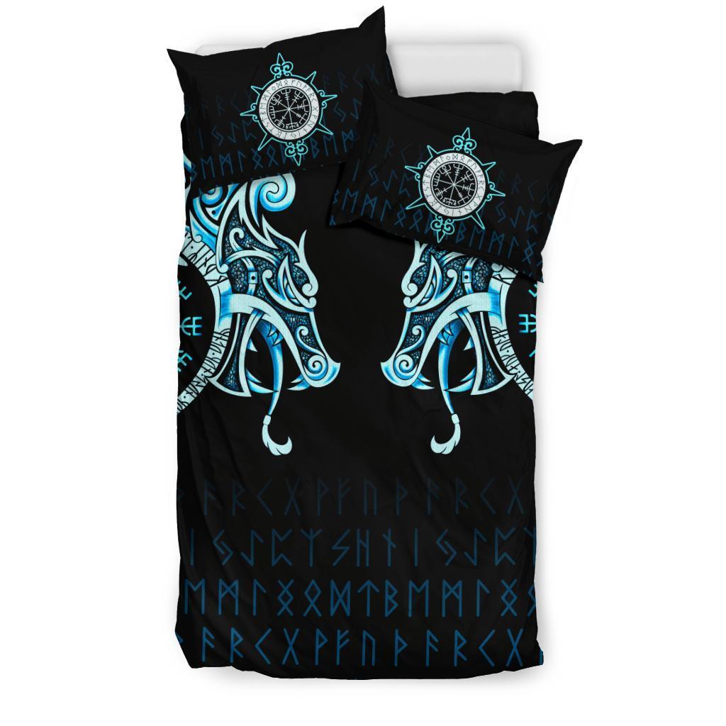 Viking Bedding Set, Fenrir Raven and Vegvisir Tattoo Cyan RLT12 - Wonder Print Shop
