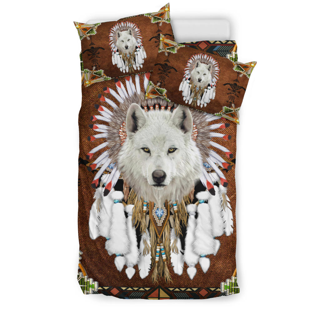 Native American White Wolf With Headress Feathers Bedding Set LT10 - Wonder Print Shop