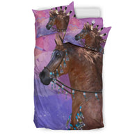 Native horse bedding set in purple and pink, multicolor horse face with feathered mane