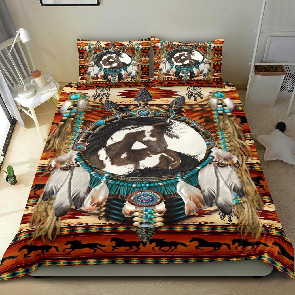 White and Brown Horse Dreamcatcher Native American Bedding Set LT10 - Wonder Print Shop
