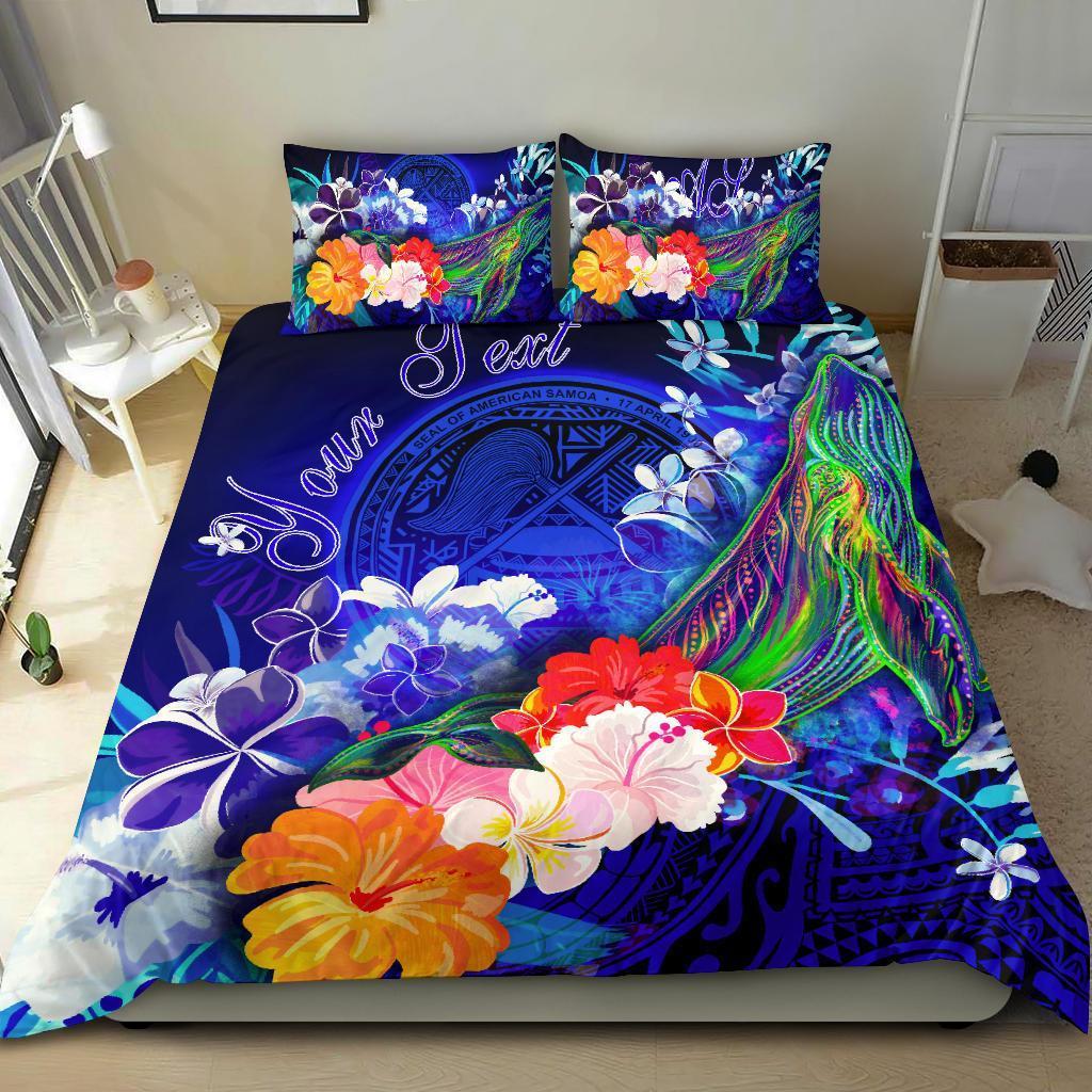 american-samoa-polynesian-custom-personalised-bedding-set-humpback-whale-with-tropical-flowers-blue