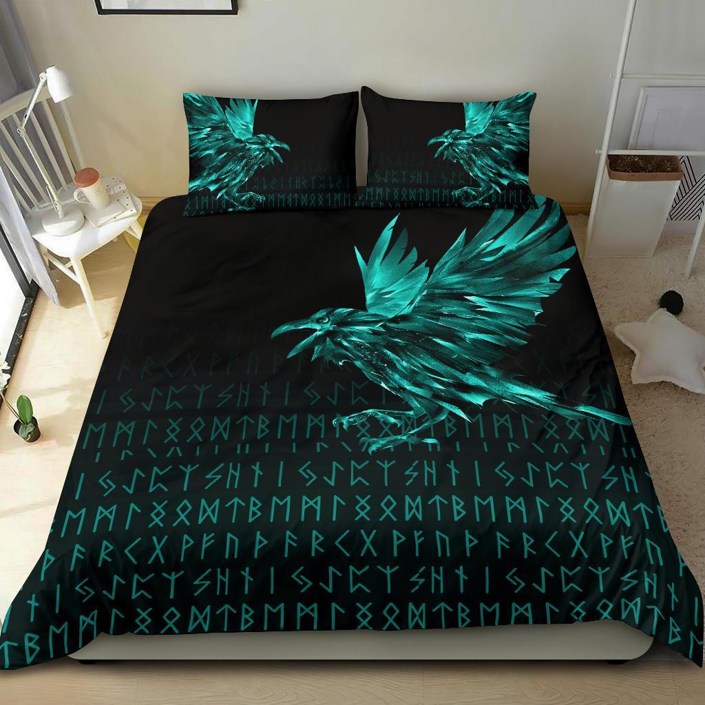 Viking Bedding Set The Raven Of Odin Rune Cyan RLT12 - Wonder Print Shop