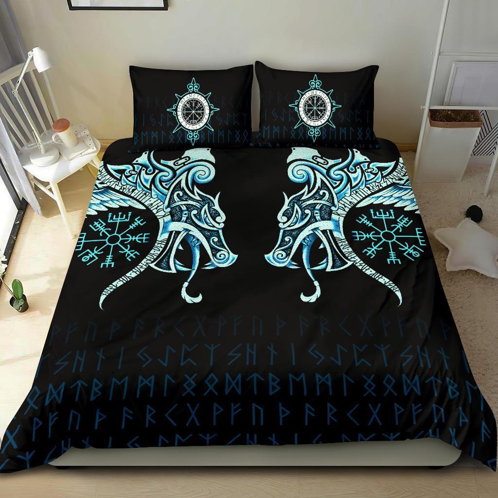 Viking Bedding Set, Fenrir Raven and Vegvisir Tattoo Cyan RLT12 - Wonder Print Shop