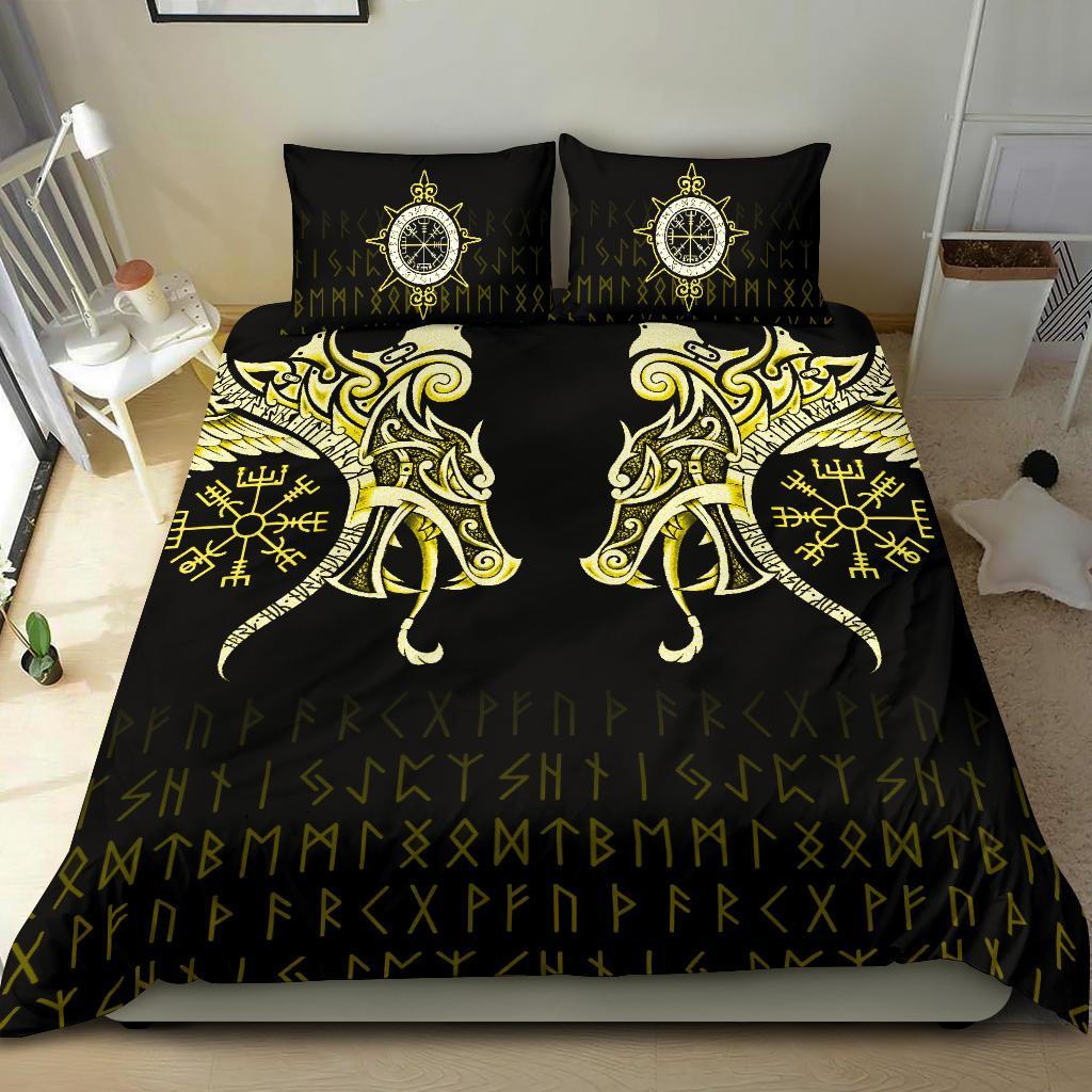 Viking Bedding Set, Fenrir Raven and Vegvisir Tattoo Yellow RLT12 - Wonder Print Shop