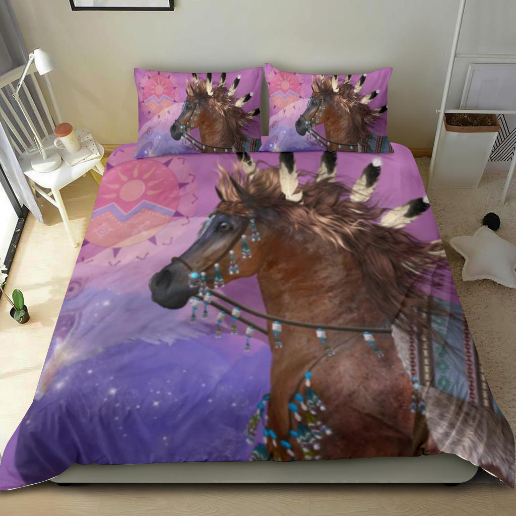 Purple-pink Native horse bedding set with multicolor horse head and two matching pillowcases