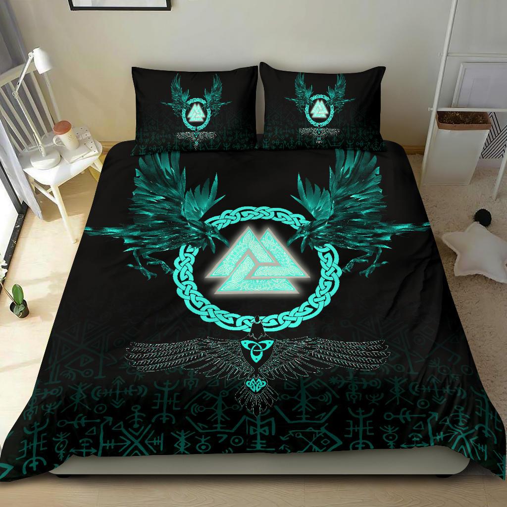 Viking Bedding Set Three Raven and Valknut Cyan RLT12 - Wonder Print Shop
