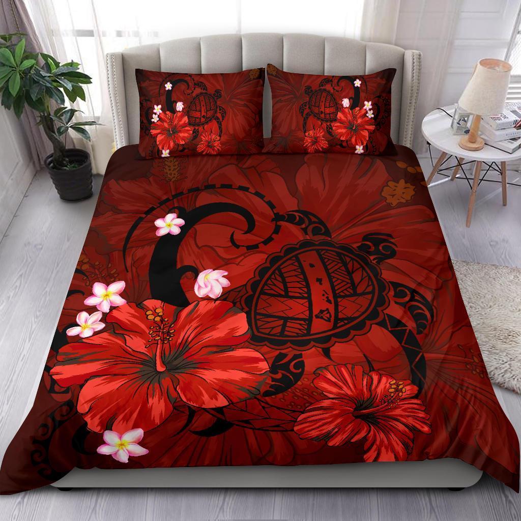 Hawaiian Map Big Turtle Hibiscus Plumeria Tribal Polynesian Bedding Set - Red - Wonder Print Shop