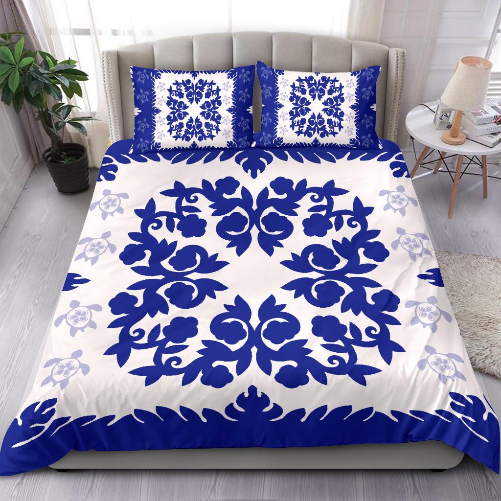 Hawaii Bedding Set - Hawaiian Quilt Plumeria Medallion Blue Bedding Set - AH - Wonder Print Shop