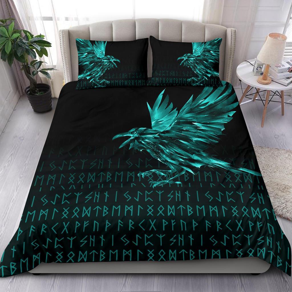Viking Bedding Set The Raven Of Odin Rune Cyan RLT12 - Wonder Print Shop